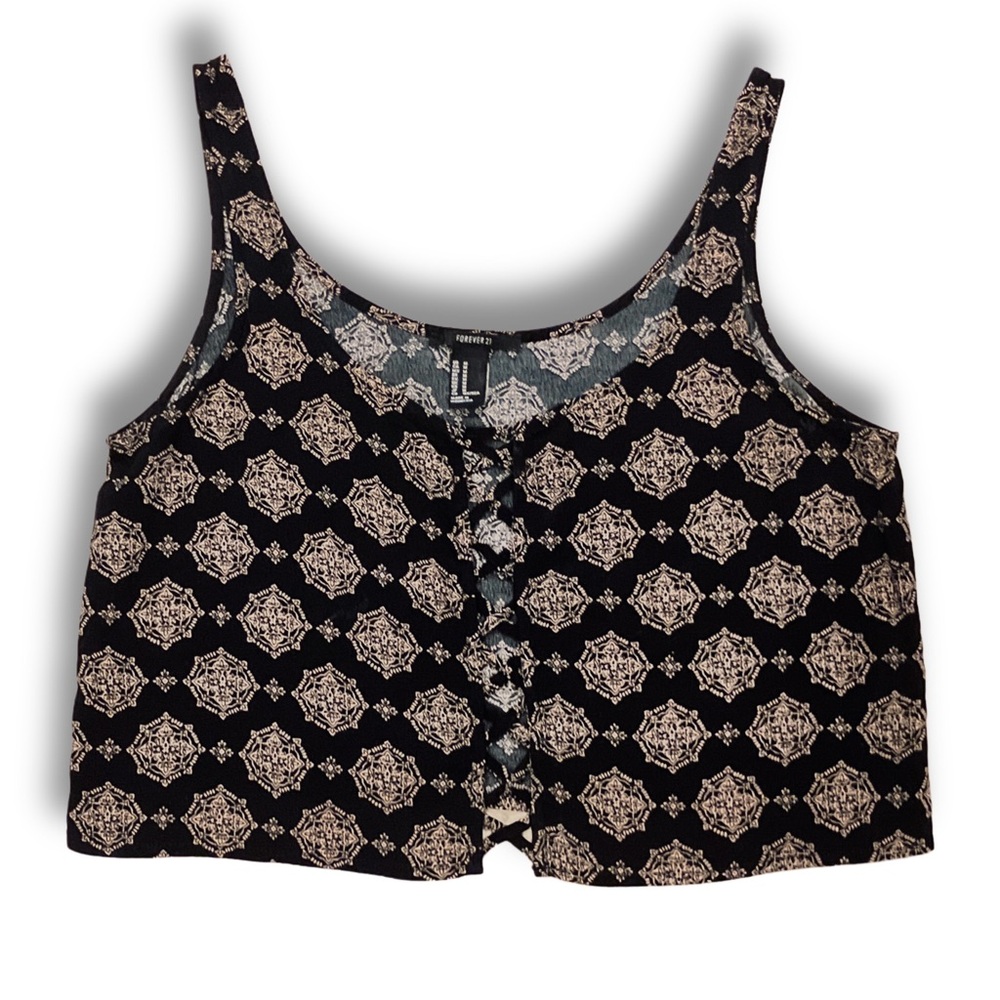 Unique Black and Cream Patterned Crop Top with Unique Lace Up Front!